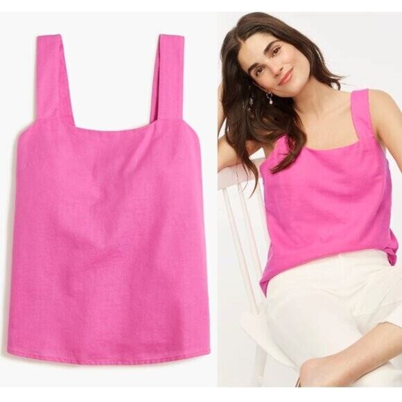 J. Crew Factory NWT Women's Linen Blend Square neck Tank Top Pink Wild Azalea  L - Picture 1 of 7